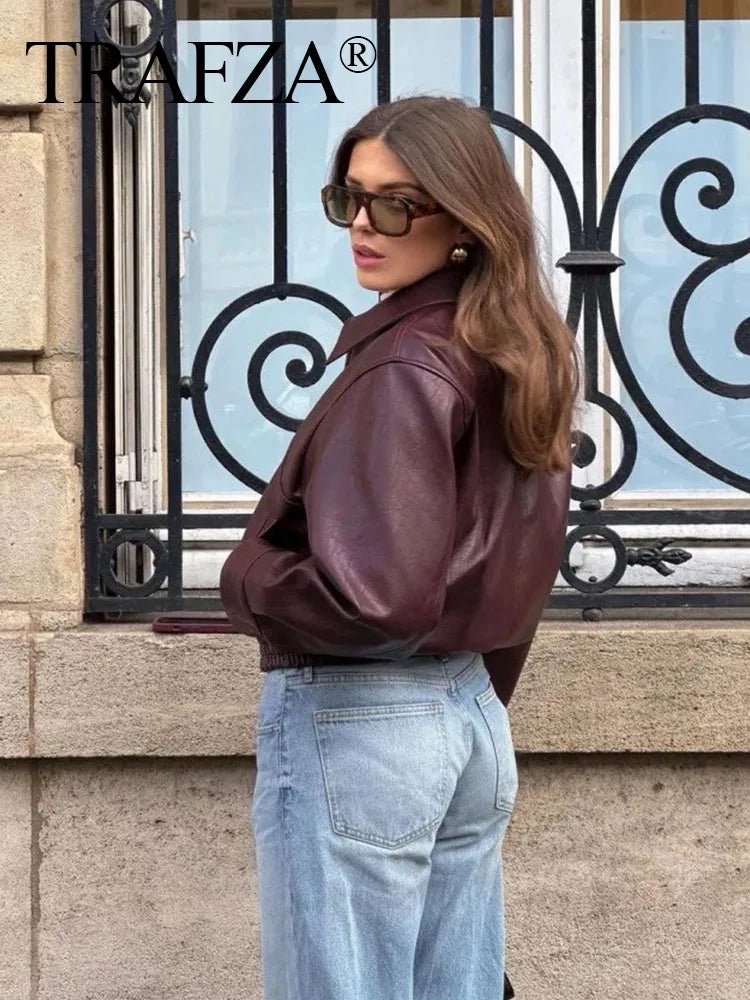 SaneShoppe - TRAFZA Vintage Women's Bomber Jacket Long Sleeves Lapel Loose Zipper Short Coat for Autumn
