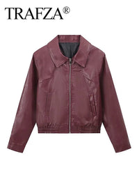SaneShoppe - TRAFZA Vintage Women's Bomber Jacket Long Sleeves Lapel Loose Zipper Short Coat for Autumn