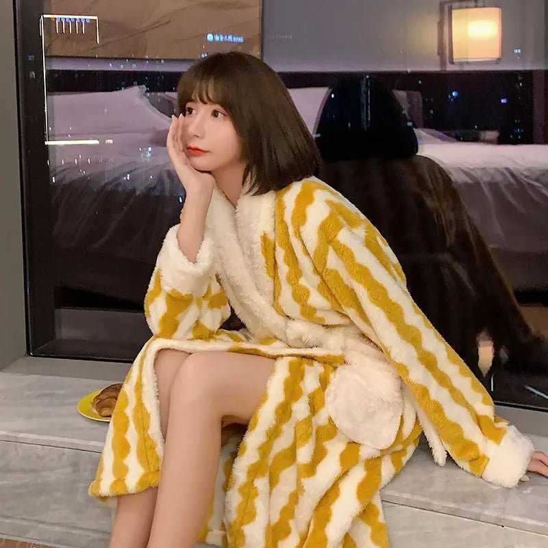 SaneShoppe - Fleece Bathrobe Dressing Gown Women Robe Cozy Night Sleepwear Plus Size