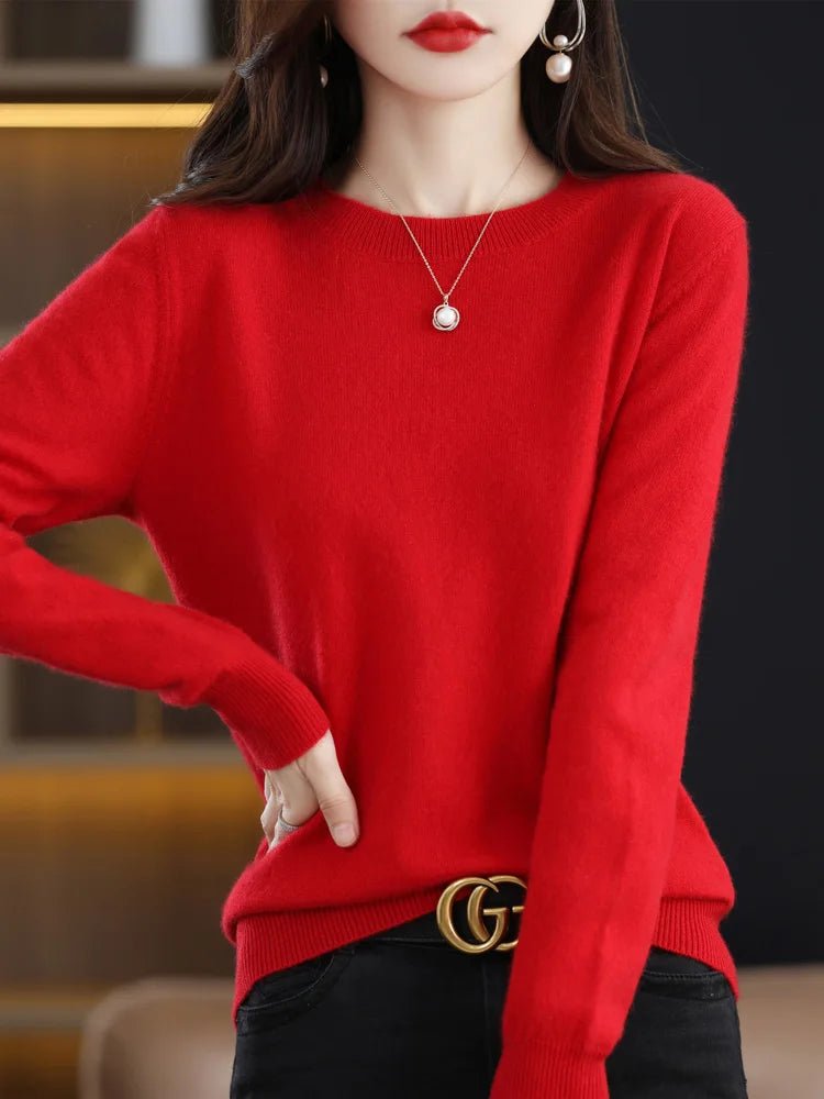 SaneShoppe - Women 100% Merino Wool Sweater O - Neck Long Sleeve Cashmere Knitwear Pullover Aliselect Fashion Autumn Winter Clothing Tops