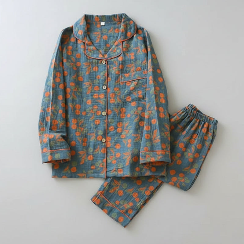 SaneShoppe - Women's Pajama Set Yarn - Dyed Jacquard 100% Cotton Vintage Long 2 Piece Set.