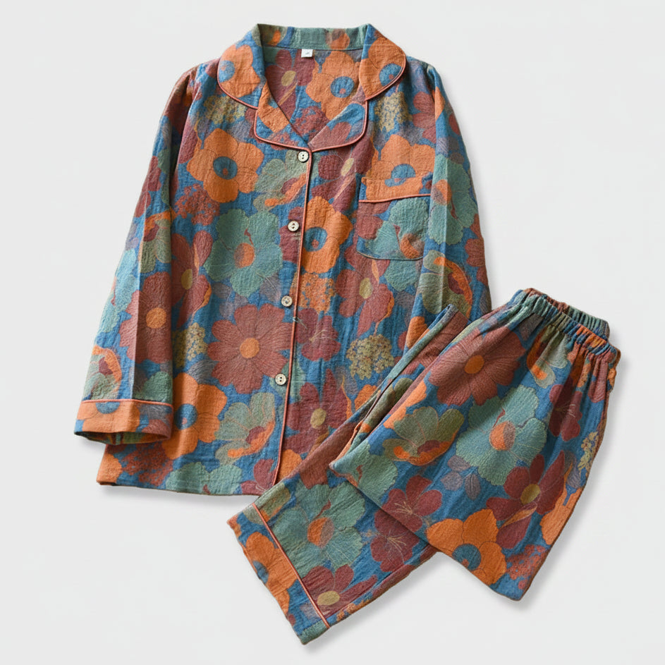 SaneShoppe - Women's Pajama Set Yarn - Dyed Jacquard 100% Cotton Vintage Long 2 Piece Set.