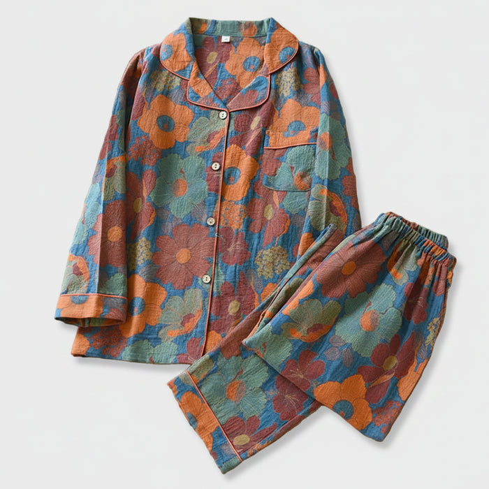 SaneShoppe - Women's Pajama Set Yarn - Dyed Jacquard 100% Cotton Vintage Long 2 Piece Set.