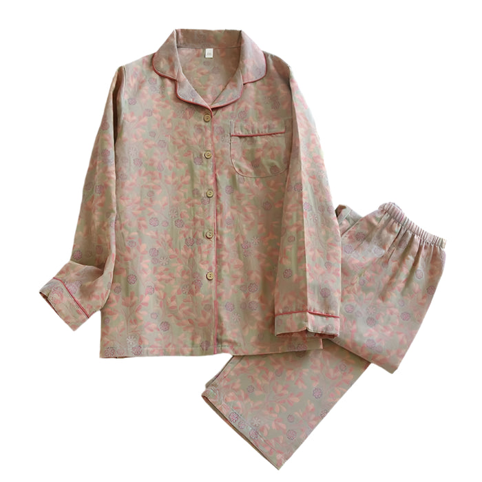 SaneShoppe - 100% Cotton Women's Yarn - Dyed Jacquard Pyjamas, Long - Sleeved 2 - piece Set.