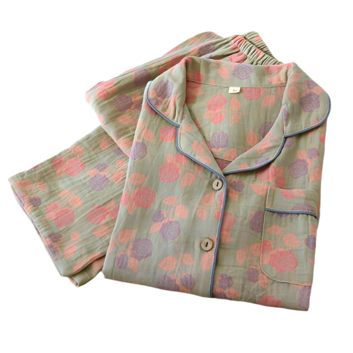 SaneShoppe - 100% Cotton Women's Yarn - Dyed Jacquard Pyjamas, Long - Sleeved 2 - piece Set.